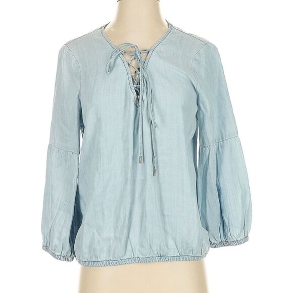 White House Black Market Tops - White House Black Market Lace-Up Light Denim V-Neck - Women's Size Small NWT